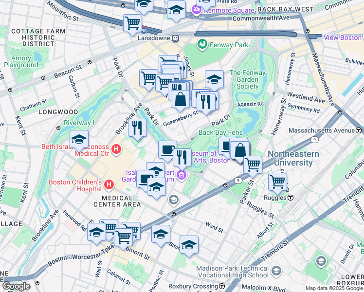 map of restaurants, bars, coffee shops, grocery stores, and more near 62 Kilmarnock Street in Boston