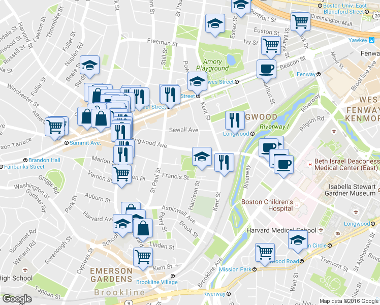 map of restaurants, bars, coffee shops, grocery stores, and more near 123 Longwood Avenue in Brookline