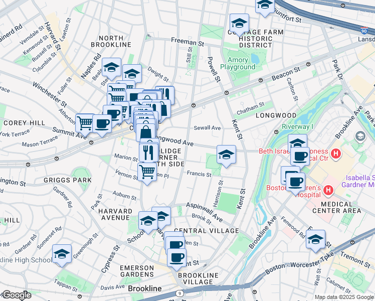 map of restaurants, bars, coffee shops, grocery stores, and more near 118 Saint Paul Street in Brookline
