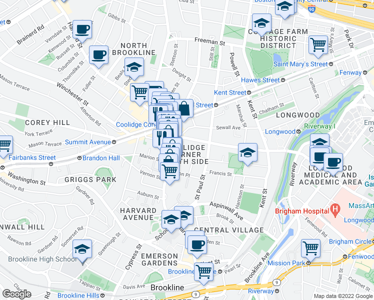 map of restaurants, bars, coffee shops, grocery stores, and more near 20 Stearns Road in Brookline