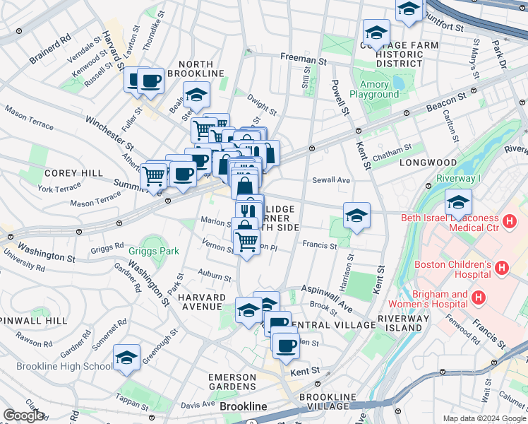 map of restaurants, bars, coffee shops, grocery stores, and more near 20 Stearns Road in Brookline