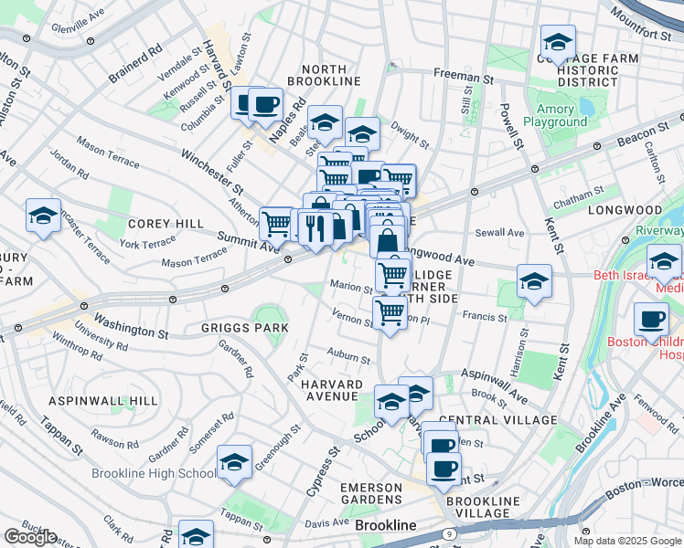 map of restaurants, bars, coffee shops, grocery stores, and more near in Brookline