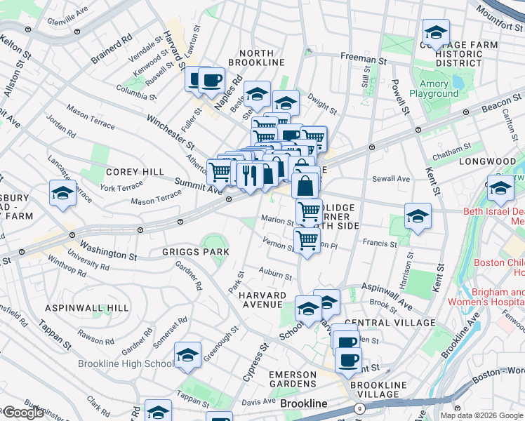 map of restaurants, bars, coffee shops, grocery stores, and more near in Brookline