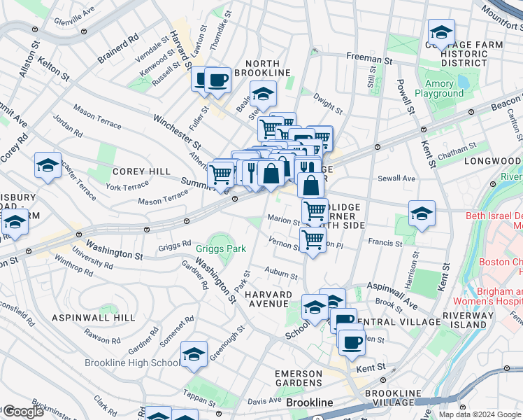 map of restaurants, bars, coffee shops, grocery stores, and more near in Brookline
