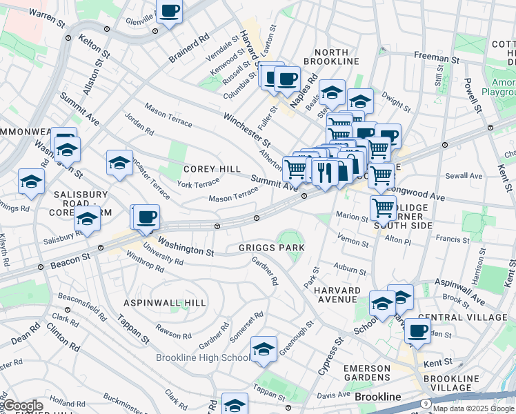 map of restaurants, bars, coffee shops, grocery stores, and more near 1476 Beacon Street in Brookline
