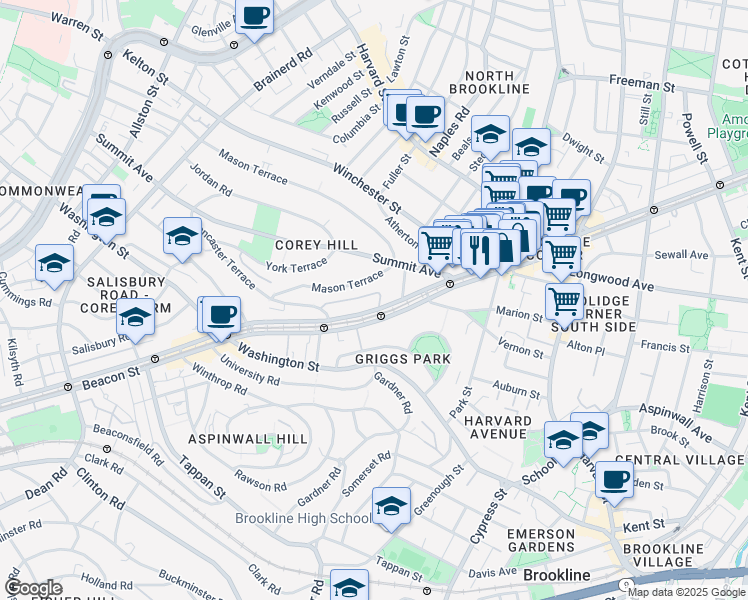 map of restaurants, bars, coffee shops, grocery stores, and more near 1476 Beacon Street in Brookline