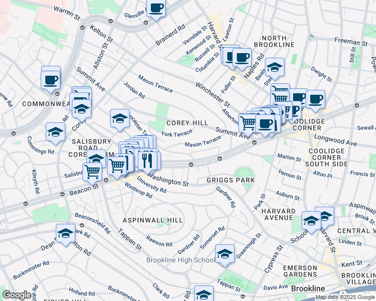 map of restaurants, bars, coffee shops, grocery stores, and more near in Brookline