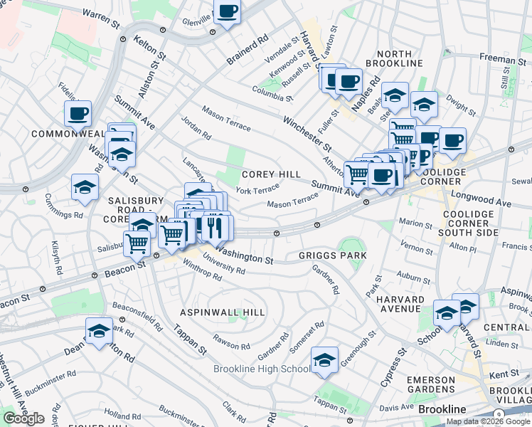 map of restaurants, bars, coffee shops, grocery stores, and more near in Brookline