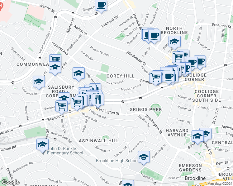 map of restaurants, bars, coffee shops, grocery stores, and more near in Brookline
