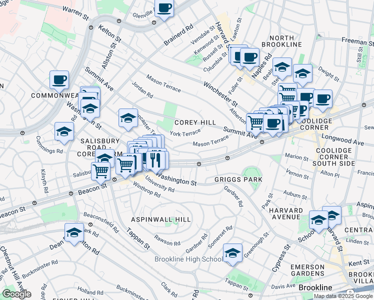map of restaurants, bars, coffee shops, grocery stores, and more near in Brookline