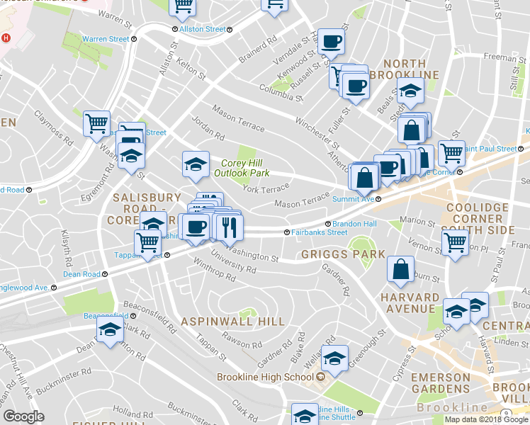 map of restaurants, bars, coffee shops, grocery stores, and more near 5 Mason Terrace in Brookline