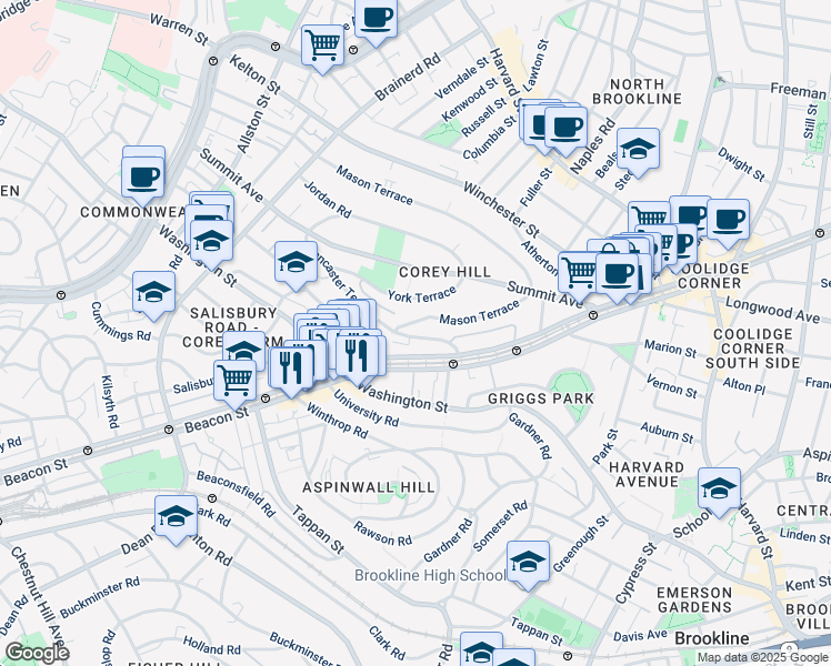 map of restaurants, bars, coffee shops, grocery stores, and more near 5 Mason Terrace in Brookline