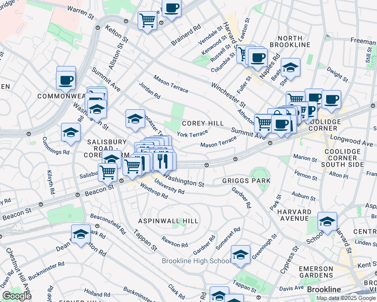 map of restaurants, bars, coffee shops, grocery stores, and more near 5 Mason Terrace in Brookline