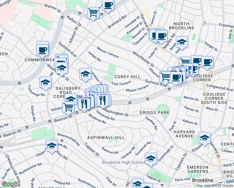 map of restaurants, bars, coffee shops, grocery stores, and more near 5 Mason Terrace in Brookline
