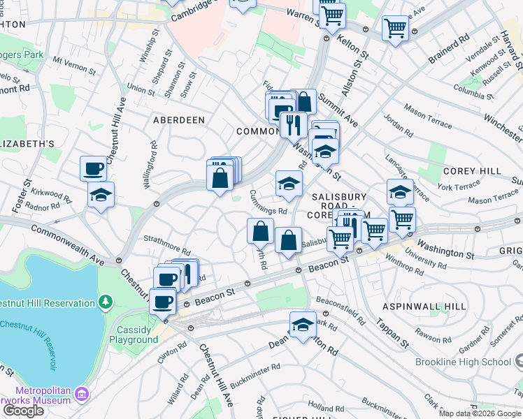 map of restaurants, bars, coffee shops, grocery stores, and more near 36 Cummings Road in Boston