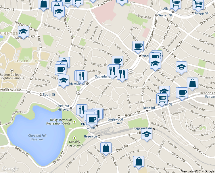map of restaurants, bars, coffee shops, grocery stores, and more near 128 Sutherland Road in Boston
