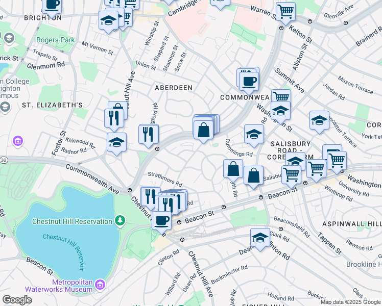 map of restaurants, bars, coffee shops, grocery stores, and more near 98 Lanark Road in Boston