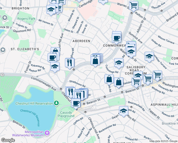 map of restaurants, bars, coffee shops, grocery stores, and more near 98 Lanark Road in Boston