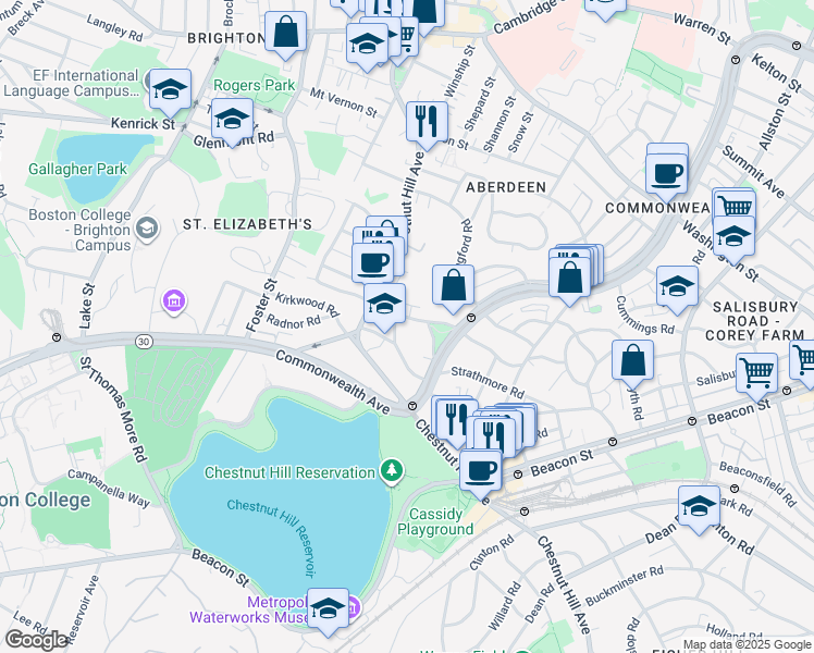map of restaurants, bars, coffee shops, grocery stores, and more near 186 Chestnut Hill Avenue in Boston