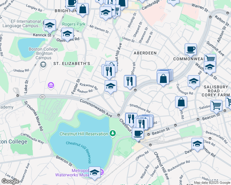 map of restaurants, bars, coffee shops, grocery stores, and more near 186 Chestnut Hill Avenue in Boston