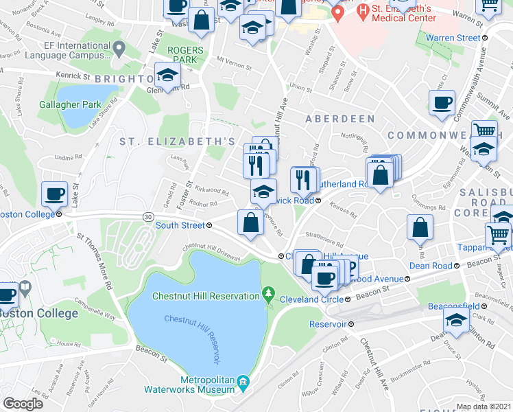 map of restaurants, bars, coffee shops, grocery stores, and more near 186 Chestnut Hill Avenue in Boston