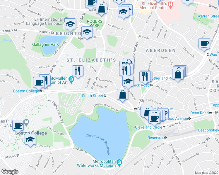 map of restaurants, bars, coffee shops, grocery stores, and more near 49 Radnor Road in Boston