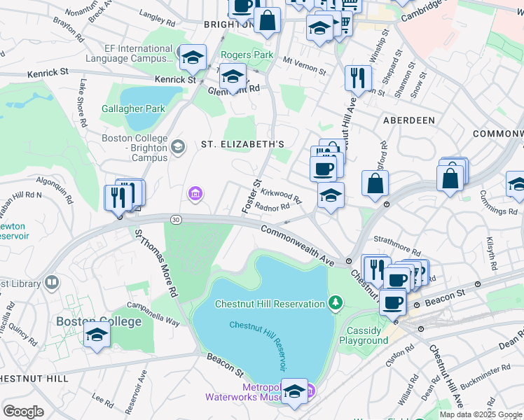 map of restaurants, bars, coffee shops, grocery stores, and more near 15 Radnor Road in Boston