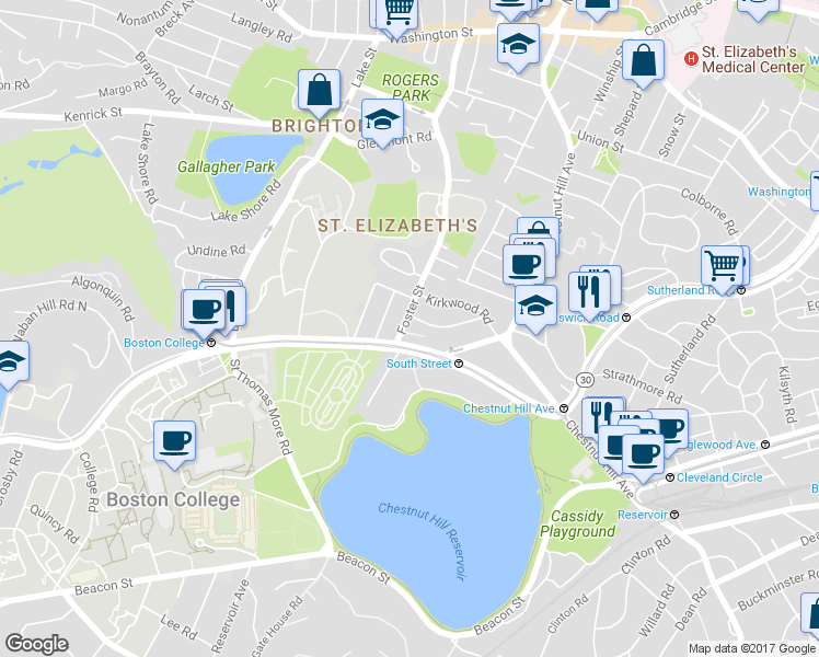 map of restaurants, bars, coffee shops, grocery stores, and more near 15 Radnor Road in Boston