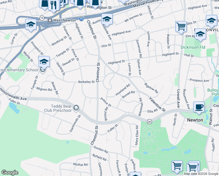 map of restaurants, bars, coffee shops, grocery stores, and more near 58 Valentine Park in Newton
