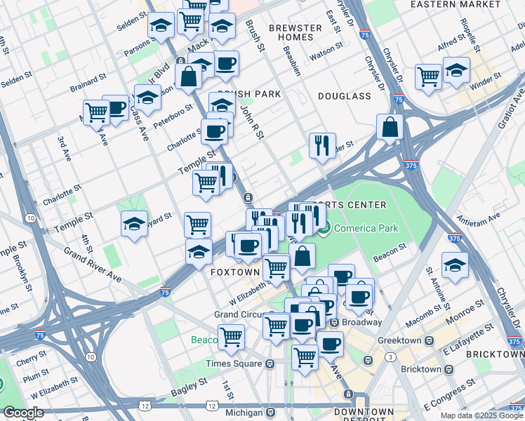 map of restaurants, bars, coffee shops, grocery stores, and more near 66 Winder Street in Detroit