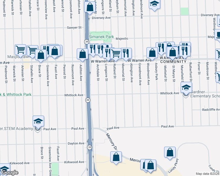 map of restaurants, bars, coffee shops, grocery stores, and more near 6745 Rutland Street in Detroit