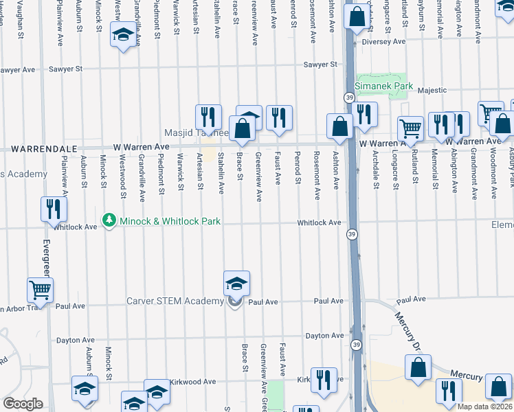 map of restaurants, bars, coffee shops, grocery stores, and more near 6754 Greenview Avenue in Detroit