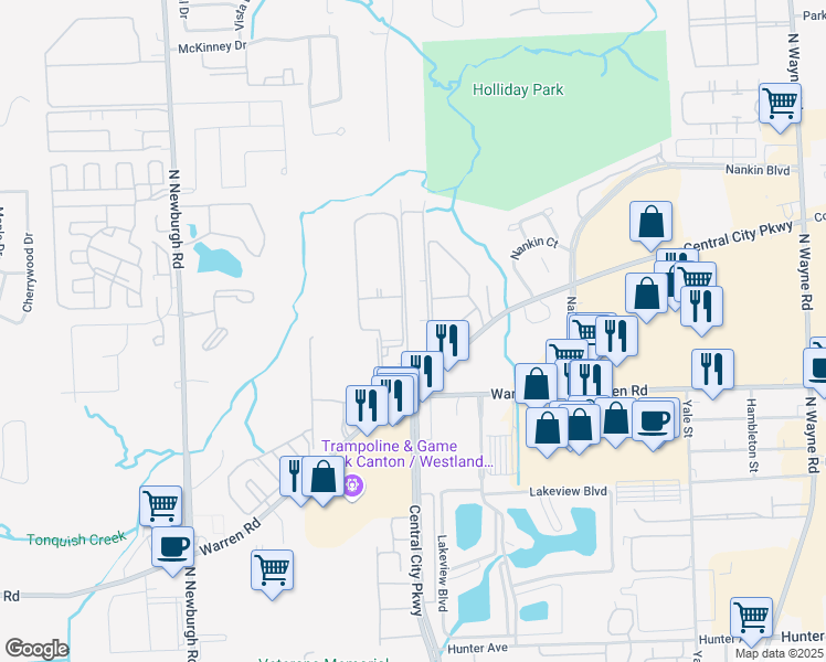 map of restaurants, bars, coffee shops, grocery stores, and more near 7477 Manor Circle in Westland