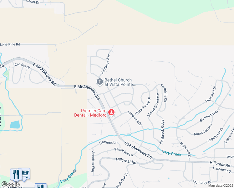 map of restaurants, bars, coffee shops, grocery stores, and more near 4311 Vineyard Terrace in Medford