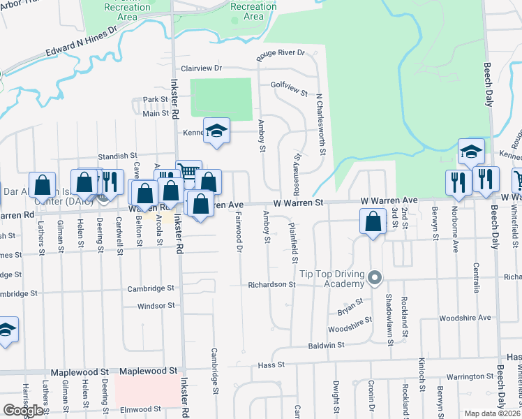 map of restaurants, bars, coffee shops, grocery stores, and more near 7191 Amboy St in Dearborn Heights