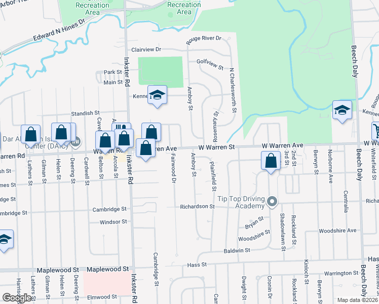map of restaurants, bars, coffee shops, grocery stores, and more near 7191 Amboy Street in Dearborn Heights