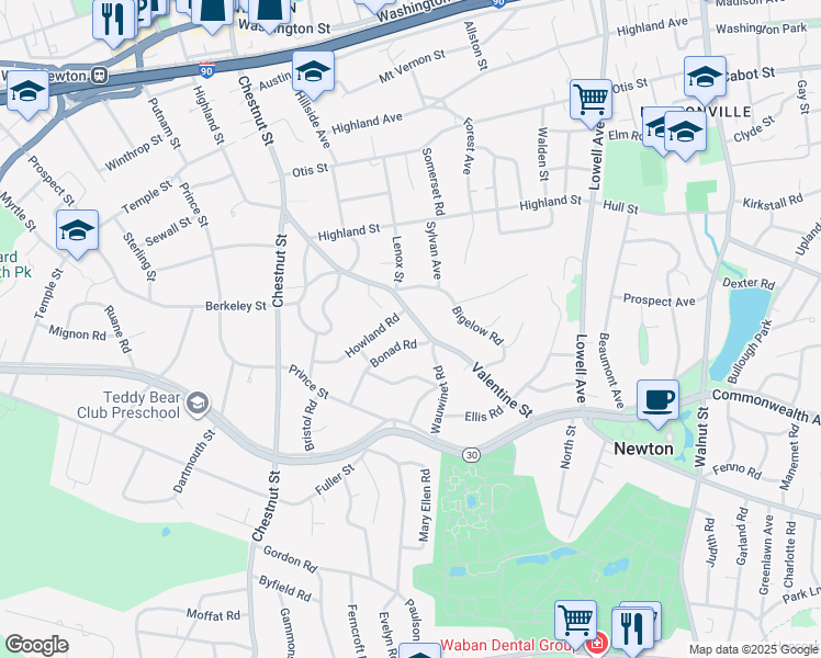 map of restaurants, bars, coffee shops, grocery stores, and more near 121 Valentine Street in Newton