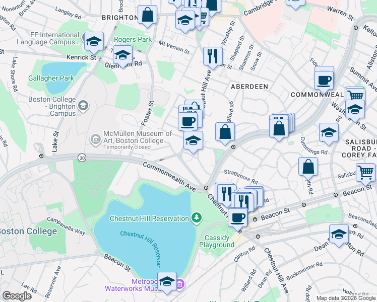 map of restaurants, bars, coffee shops, grocery stores, and more near 186 Chestnut Hill Avenue in Boston