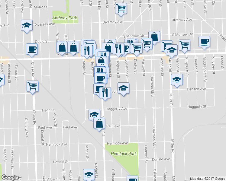 map of restaurants, bars, coffee shops, grocery stores, and more near 6800 Calhoun Street in Dearborn