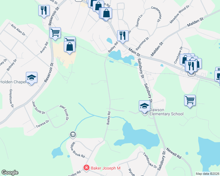 map of restaurants, bars, coffee shops, grocery stores, and more near 138 Bailey Road in Holden