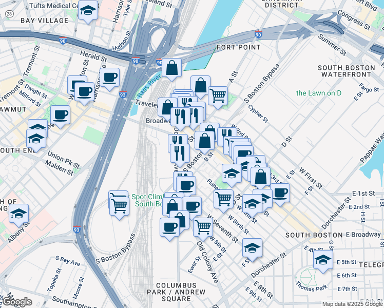 map of restaurants, bars, coffee shops, grocery stores, and more near 10 West Fifth Street in Boston