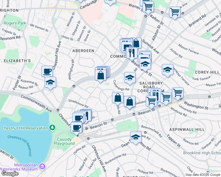 map of restaurants, bars, coffee shops, grocery stores, and more near 36 Cummings Road in Boston