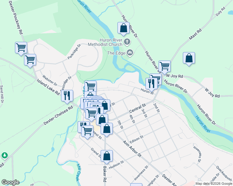 map of restaurants, bars, coffee shops, grocery stores, and more near 8170 5th Street in Dexter
