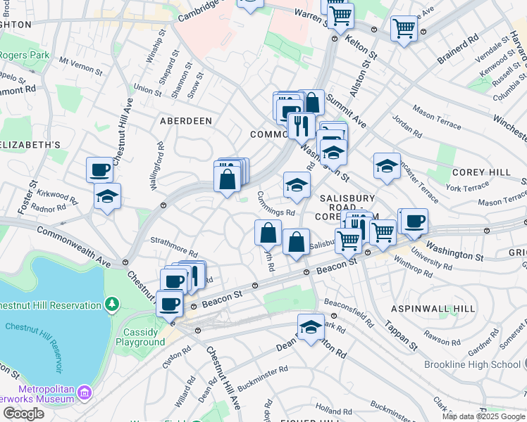 map of restaurants, bars, coffee shops, grocery stores, and more near 36 Cummings Road in Boston
