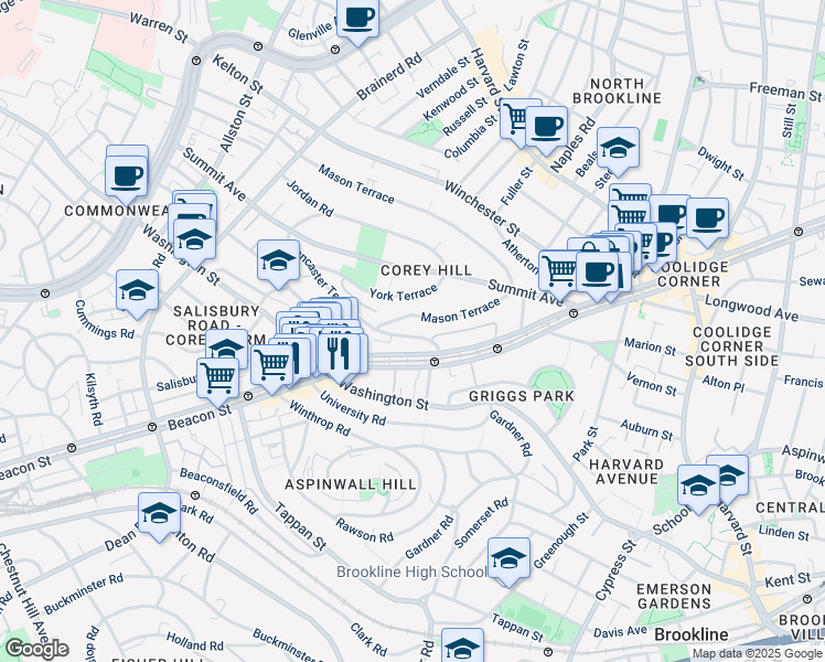 map of restaurants, bars, coffee shops, grocery stores, and more near in Brookline