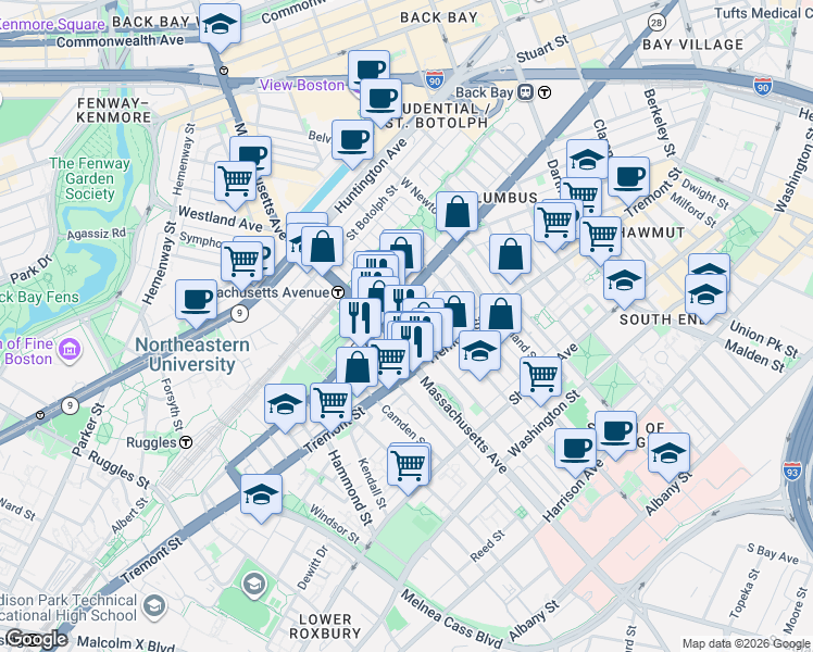 map of restaurants, bars, coffee shops, grocery stores, and more near 212 West Springfield Street in Boston