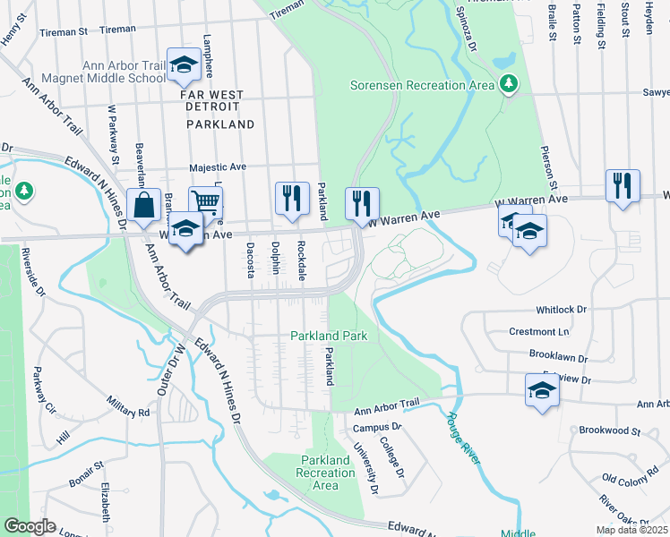 map of restaurants, bars, coffee shops, grocery stores, and more near 16600 Outer Drive West in Dearborn Heights