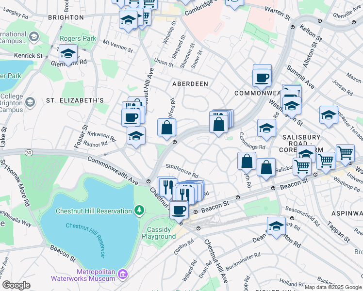 map of restaurants, bars, coffee shops, grocery stores, and more near 8 Kinross Road in Boston