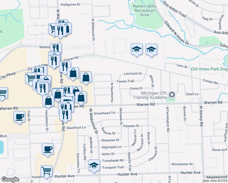 map of restaurants, bars, coffee shops, grocery stores, and more near 7324 North Hawthorn Street in Westland