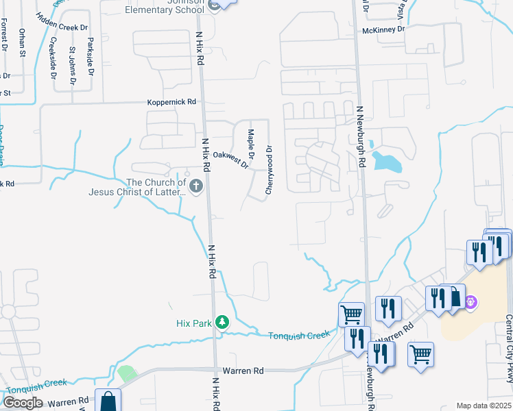 map of restaurants, bars, coffee shops, grocery stores, and more near 7458 Maple Drive in Westland